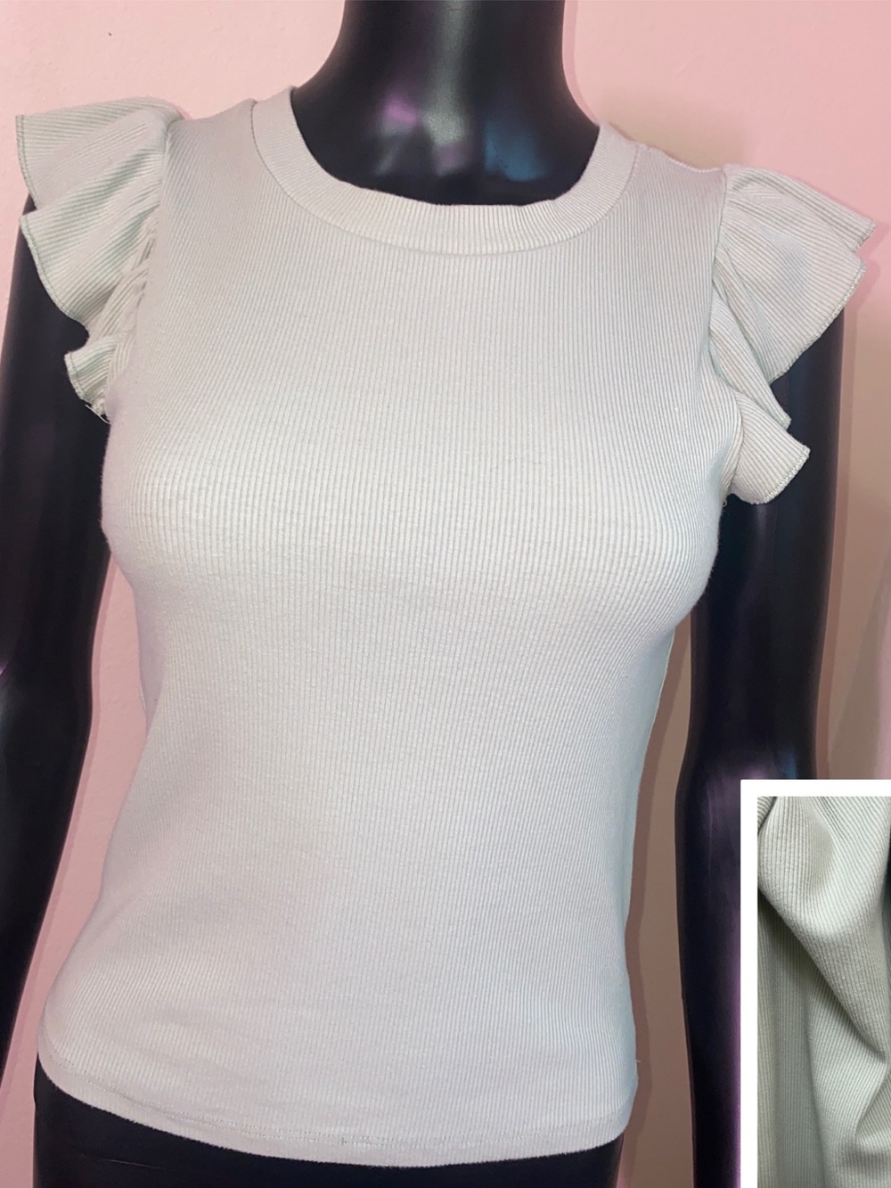 Pink Rose Mint Green Ruffle Sleeve Ribbed Tee - Picture 1 of 10